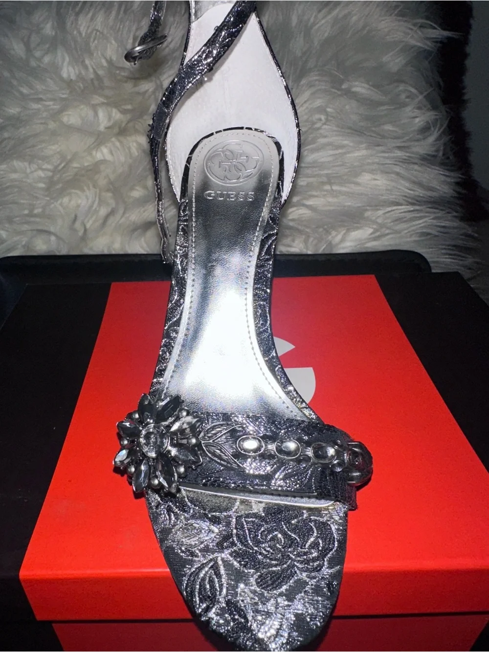 GUESS Metallic Silver Floral Crystal Slingback Heels